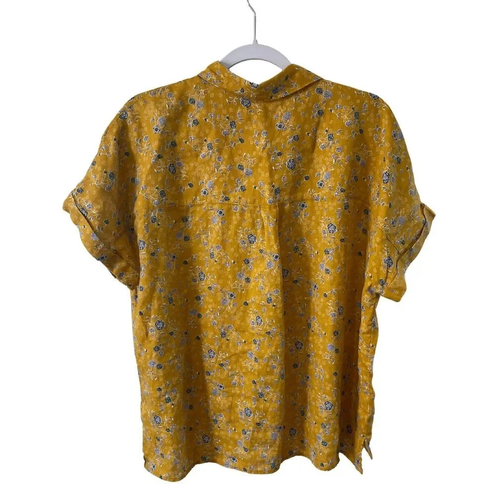 Rachel Zoe Golden Yellow Floral Button Shirt L100% Linen Boho Cottagecore NWOT